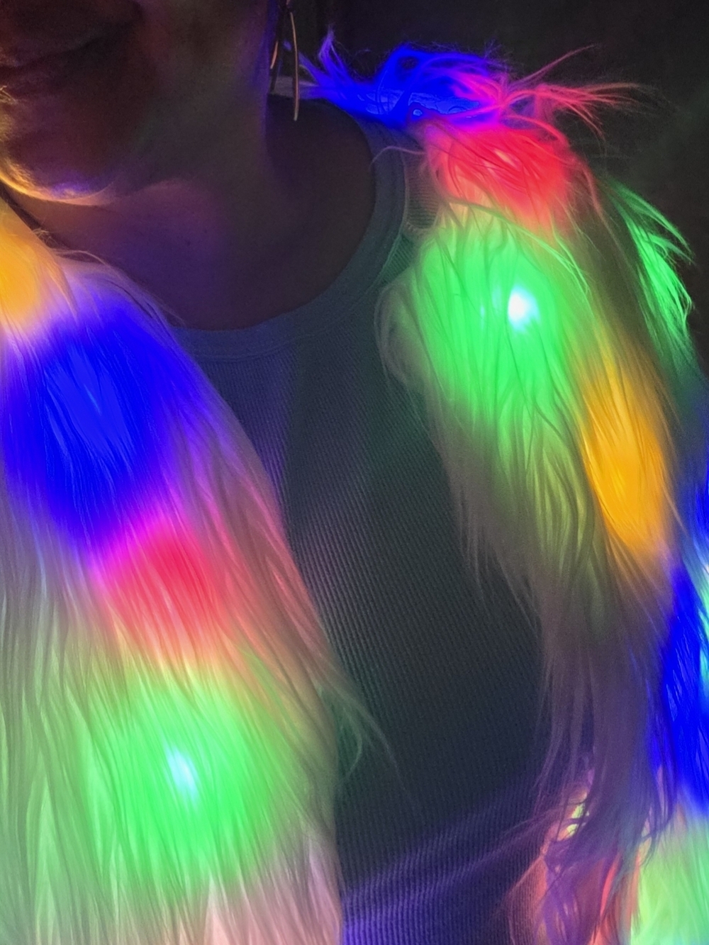 Light-Up Faux Fur Statement Jacket in White with Rainbow LEDs - Picture 3 of 8